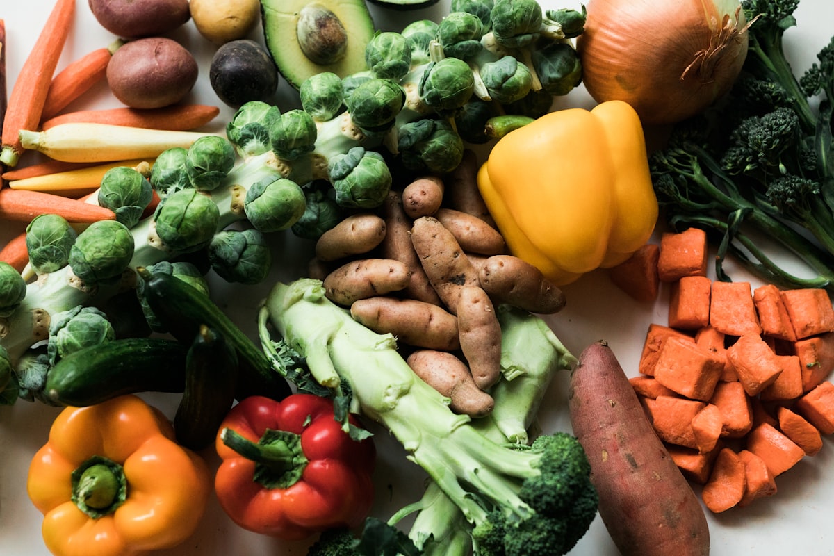Fresh colorful fruits and vegetables rich in nutrients for eye health